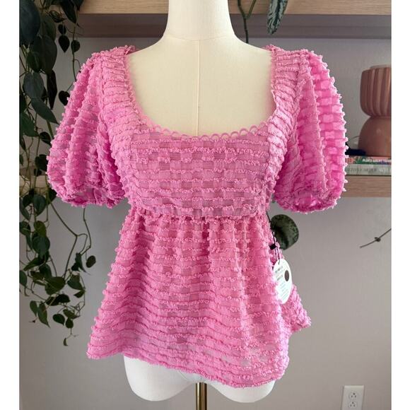 Lost Wander Paloma Pink Textured Puff Sleeve Top & Mini Skirt Set Small Brunch - Picture 4 of 13